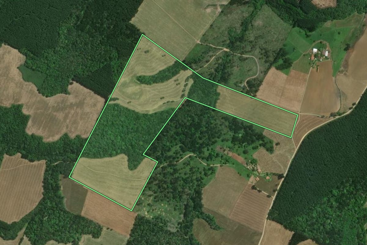 Imagem de satélite do imóvel rural em Mafra (SC), com o contorno declarado no CAR desenhado por cima.