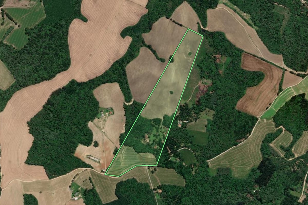 Imagem de satélite do imóvel rural em Mafra (SC), com o contorno declarado no CAR desenhado por cima.