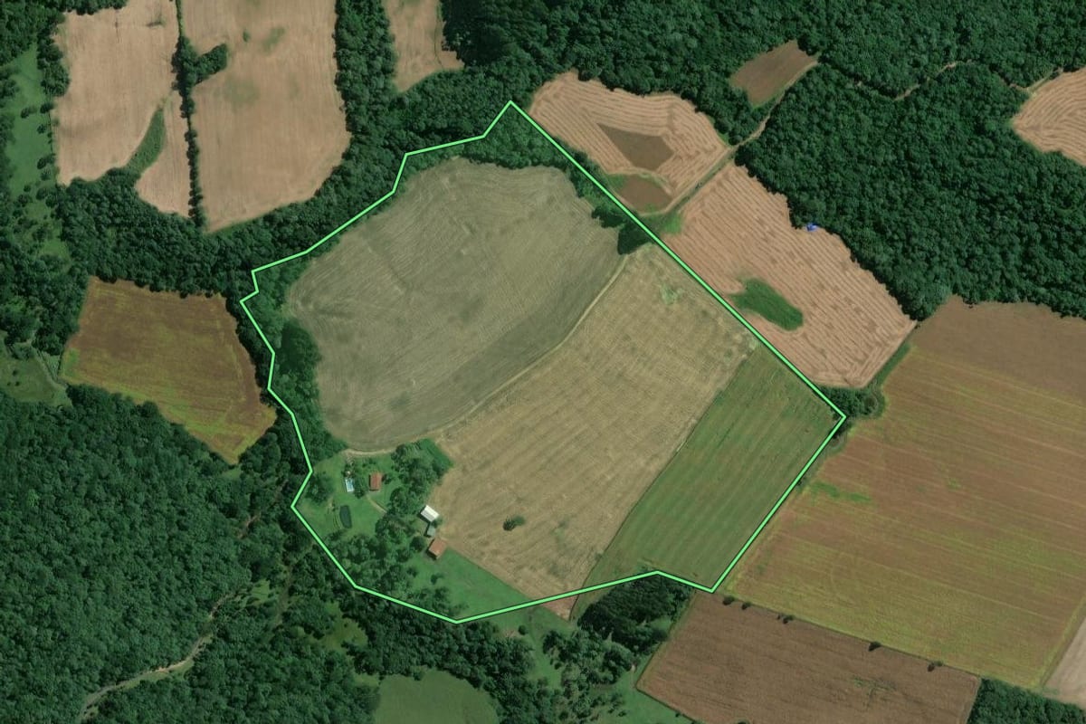 Imagem de satélite do imóvel rural em Mafra (SC), com o contorno declarado no CAR desenhado por cima.