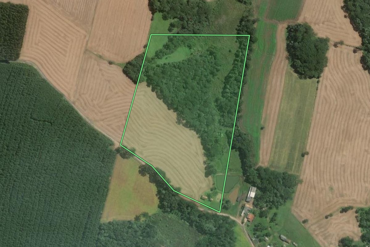 Imagem de satélite do imóvel rural em Mafra (SC), com o contorno declarado no CAR desenhado por cima.