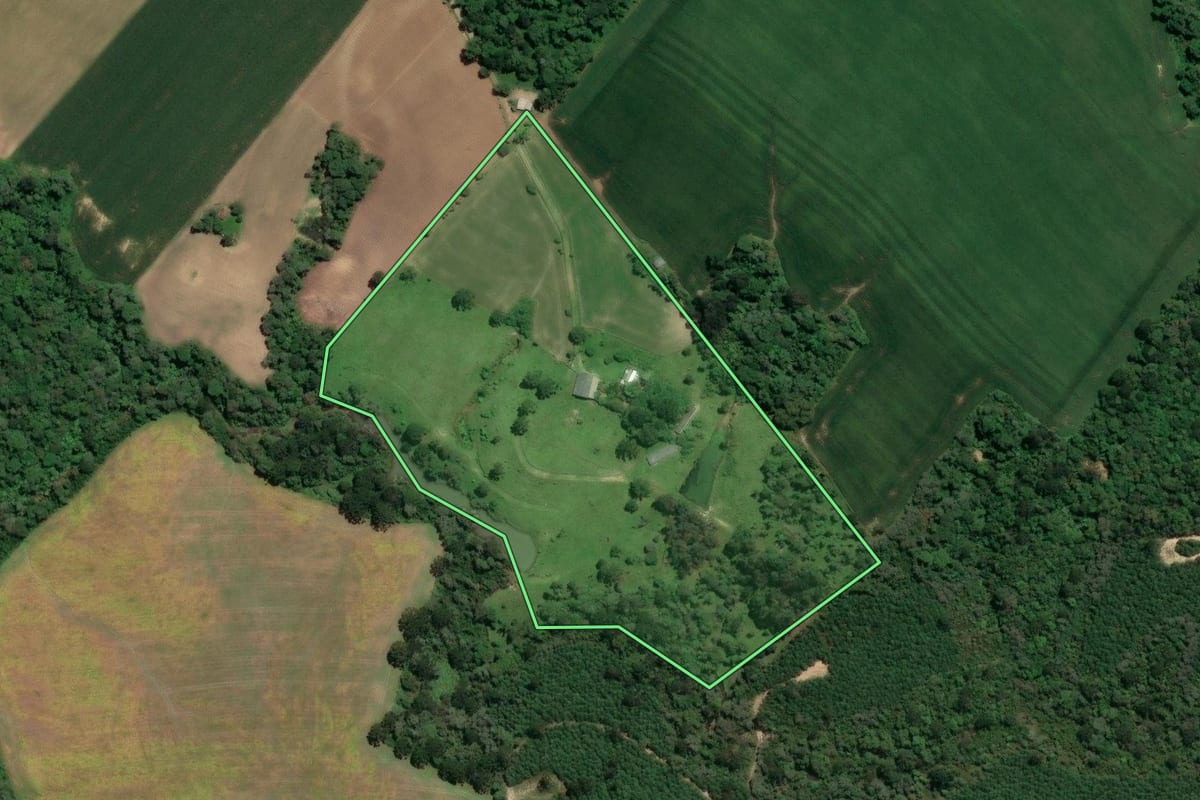 Imagem de satélite do imóvel rural em Mafra (SC), com o contorno declarado no CAR desenhado por cima.