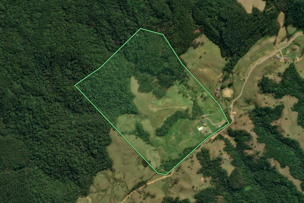 Imagem de satélite do imóvel rural em Major Gercino (SC), com o contorno declarado no CAR desenhado por cima.