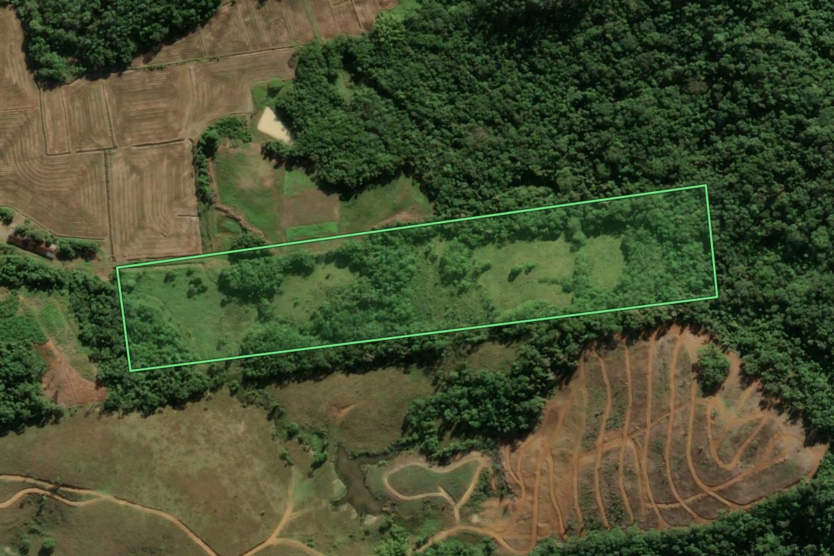 Imagem de satélite do imóvel rural em Massaranduba (SC), com o contorno declarado no CAR desenhado por cima.