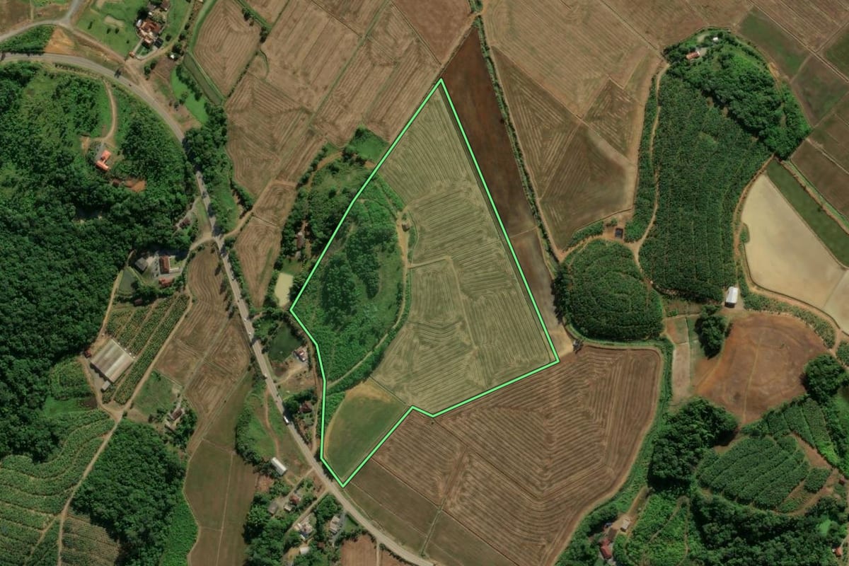 Imagem de satélite do imóvel rural em Massaranduba (SC), com o contorno declarado no CAR desenhado por cima.