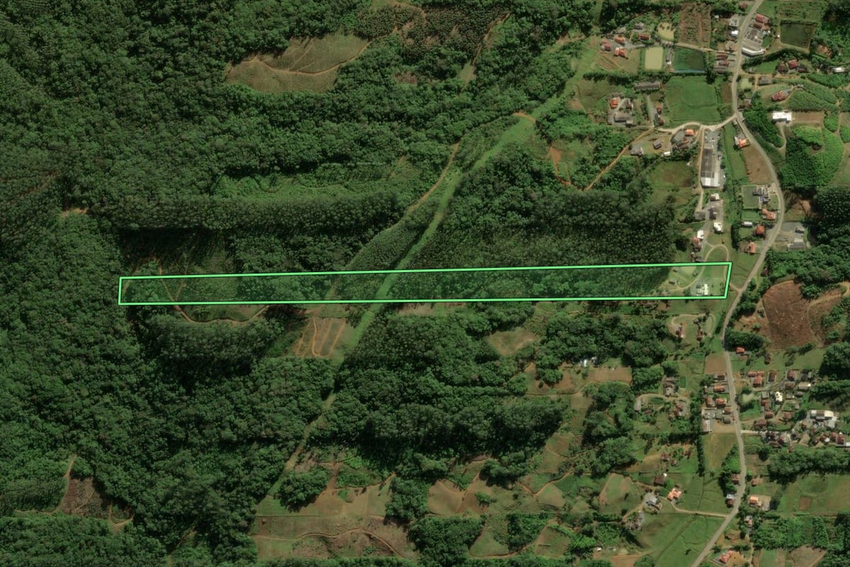 Imagem de satélite do imóvel rural em Massaranduba (SC), com o contorno declarado no CAR desenhado por cima.