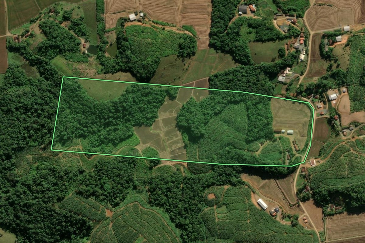 Imagem de satélite do imóvel rural em Massaranduba (SC), com o contorno declarado no CAR desenhado por cima.
