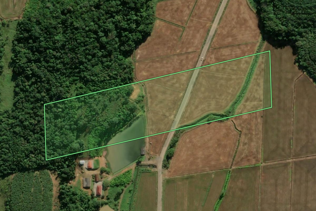 Imagem de satélite do imóvel rural em Massaranduba (SC), com o contorno declarado no CAR desenhado por cima.