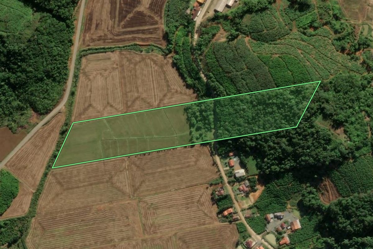 Imagem de satélite do imóvel rural em Massaranduba (SC), com o contorno declarado no CAR desenhado por cima.