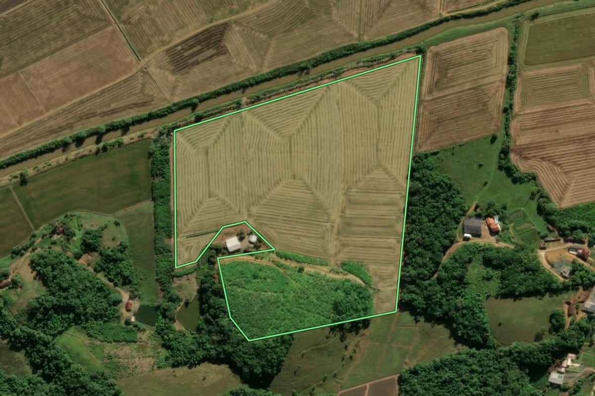 Imagem de satélite do imóvel rural em Massaranduba (SC), com o contorno declarado no CAR desenhado por cima.