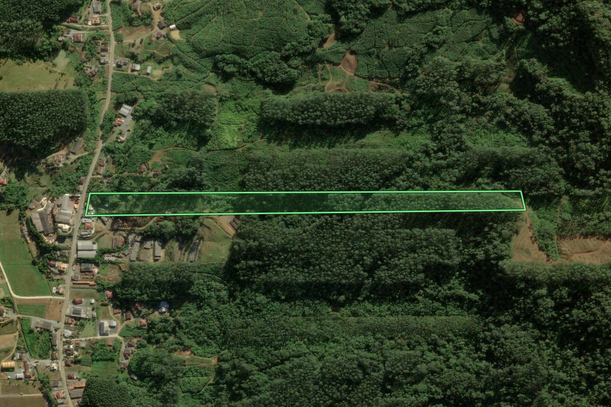Imagem de satélite do imóvel rural em Massaranduba (SC), com o contorno declarado no CAR desenhado por cima.