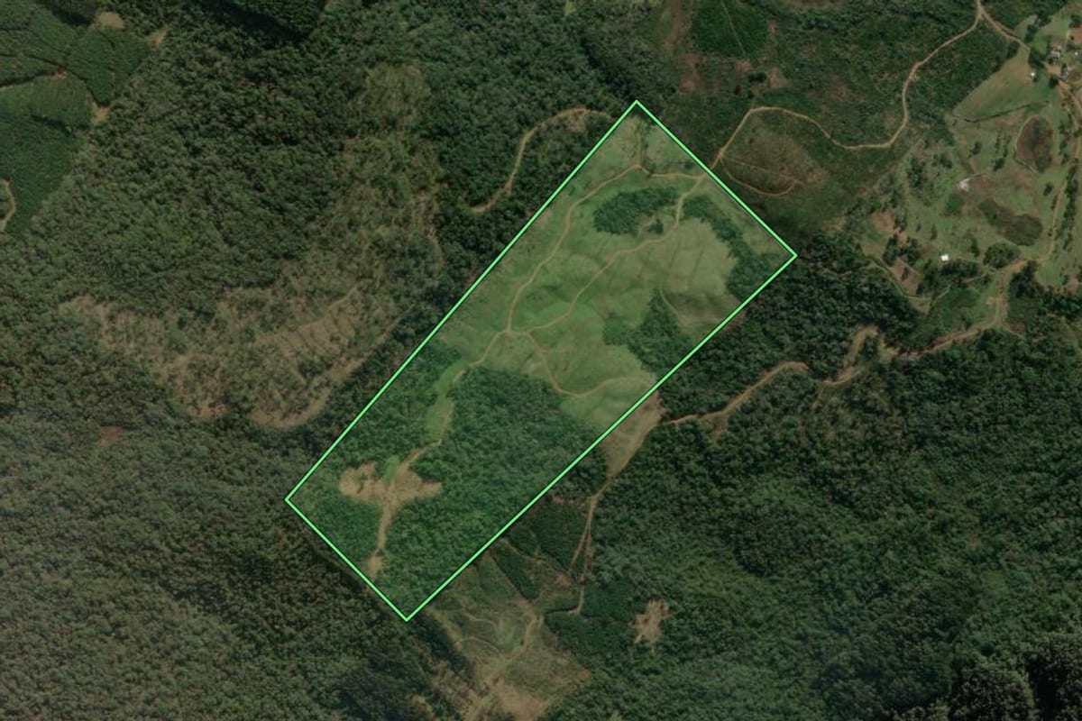 Imagem de satélite do imóvel rural em Matos Costa (SC), com o contorno declarado no CAR desenhado por cima.