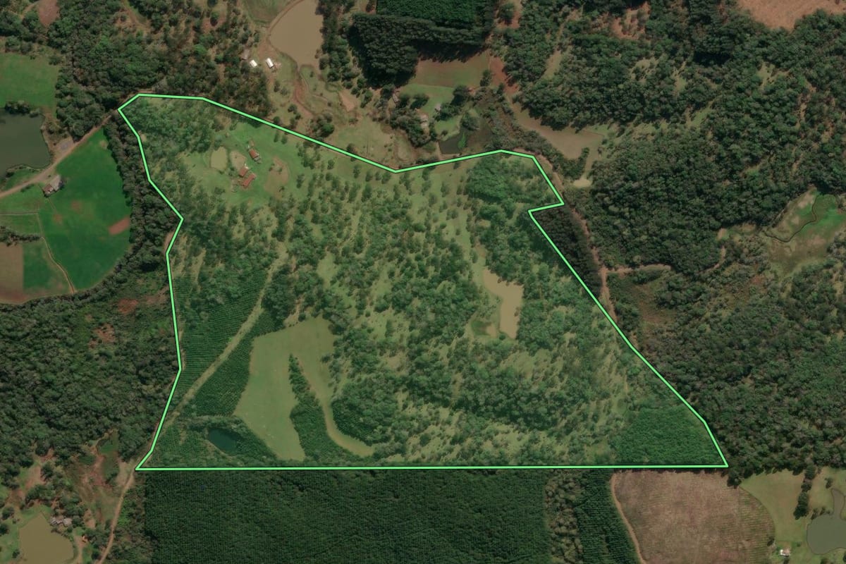 Imagem de satélite do imóvel rural em Matos Costa (SC), com o contorno declarado no CAR desenhado por cima.