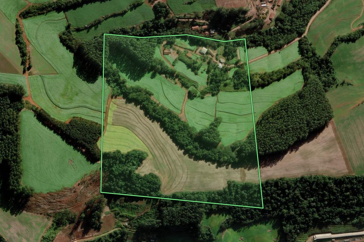 Imagem de satélite do imóvel rural em Modelo (SC), com o contorno declarado no CAR desenhado por cima.
