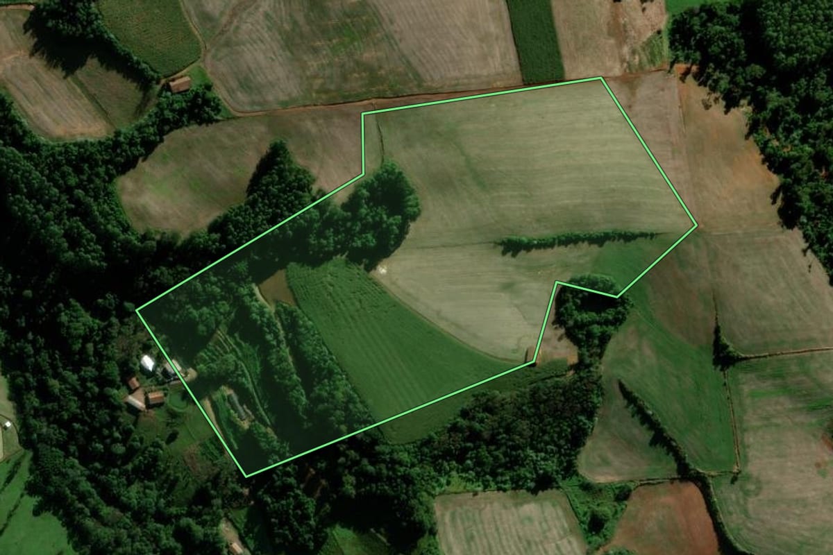 Imagem de satélite do imóvel rural em Modelo (SC), com o contorno declarado no CAR desenhado por cima.