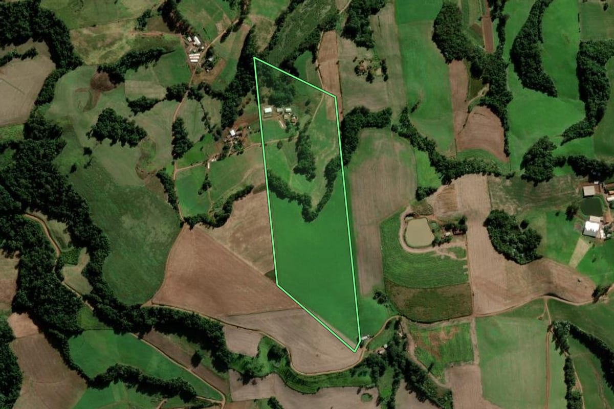 Imagem de satélite do imóvel rural em Modelo (SC), com o contorno declarado no CAR desenhado por cima.