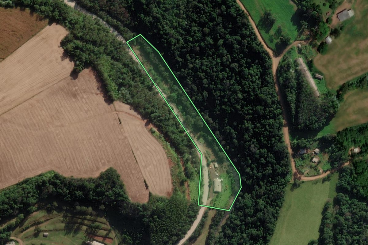 Imagem de satélite do imóvel rural em Modelo (SC), com o contorno declarado no CAR desenhado por cima.