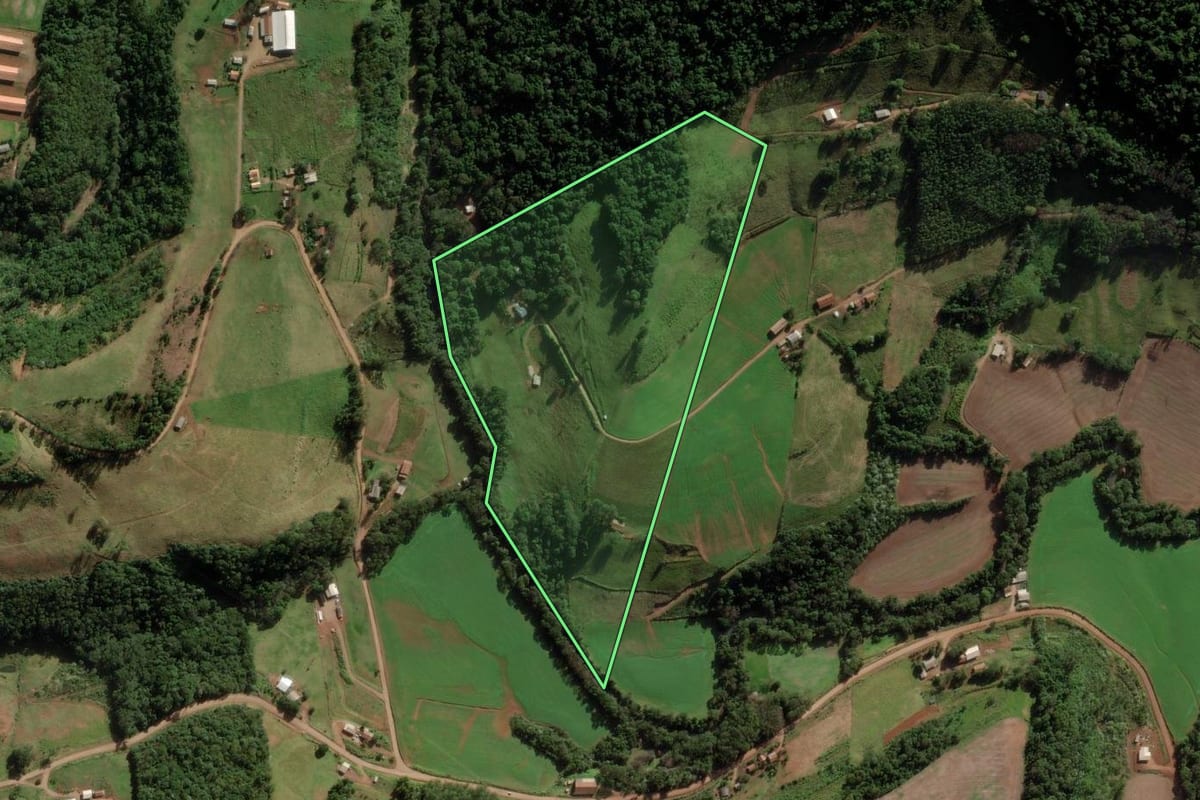 Imagem de satélite do imóvel rural em Modelo (SC), com o contorno declarado no CAR desenhado por cima.