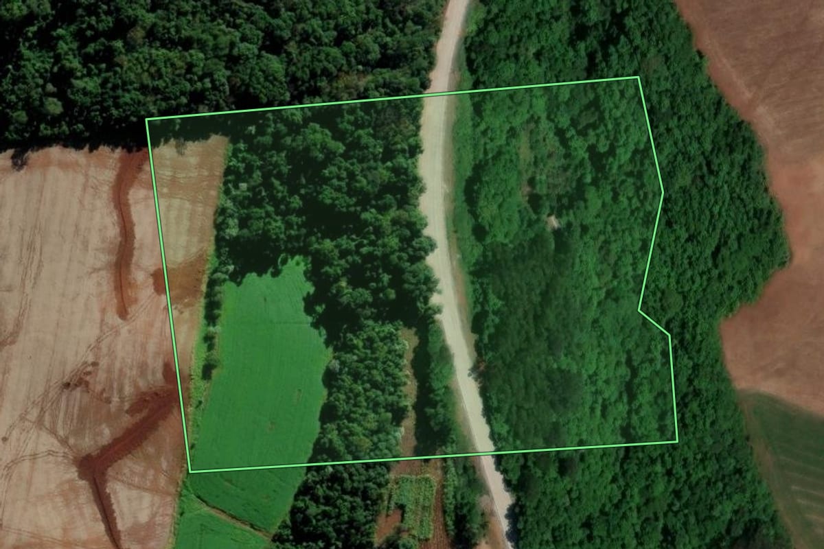 Imagem de satélite do imóvel rural em Modelo (SC), com o contorno declarado no CAR desenhado por cima.