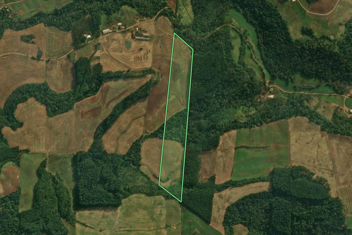 Imagem de satélite do imóvel rural em Mondaí (SC), com o contorno declarado no CAR desenhado por cima.