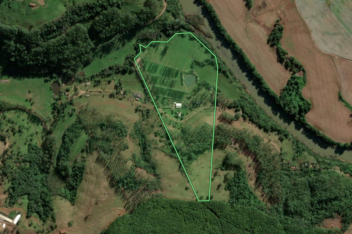 Imagem de satélite do imóvel rural em Mondaí (SC), com o contorno declarado no CAR desenhado por cima.