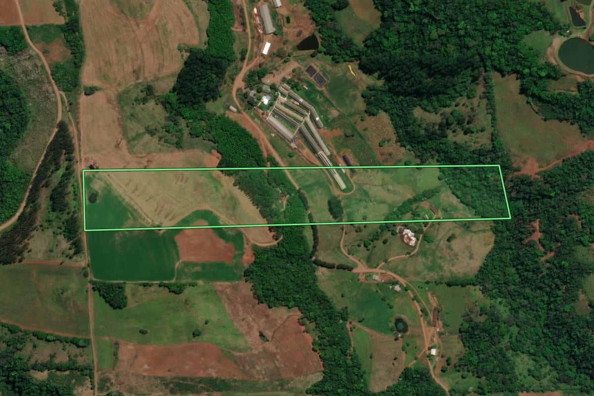 Imagem de satélite do imóvel rural em Mondaí (SC), com o contorno declarado no CAR desenhado por cima.