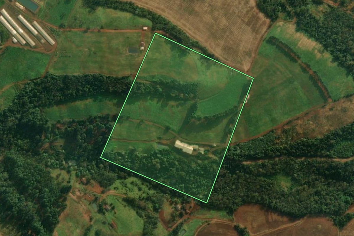 Imagem de satélite do imóvel rural em Mondaí (SC), com o contorno declarado no CAR desenhado por cima.