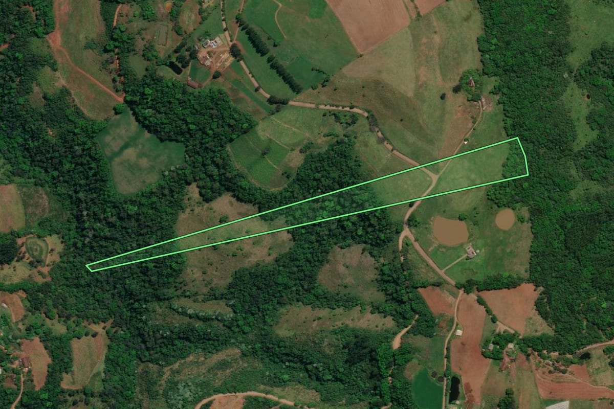 Imagem de satélite do imóvel rural em Mondaí (SC), com o contorno declarado no CAR desenhado por cima.