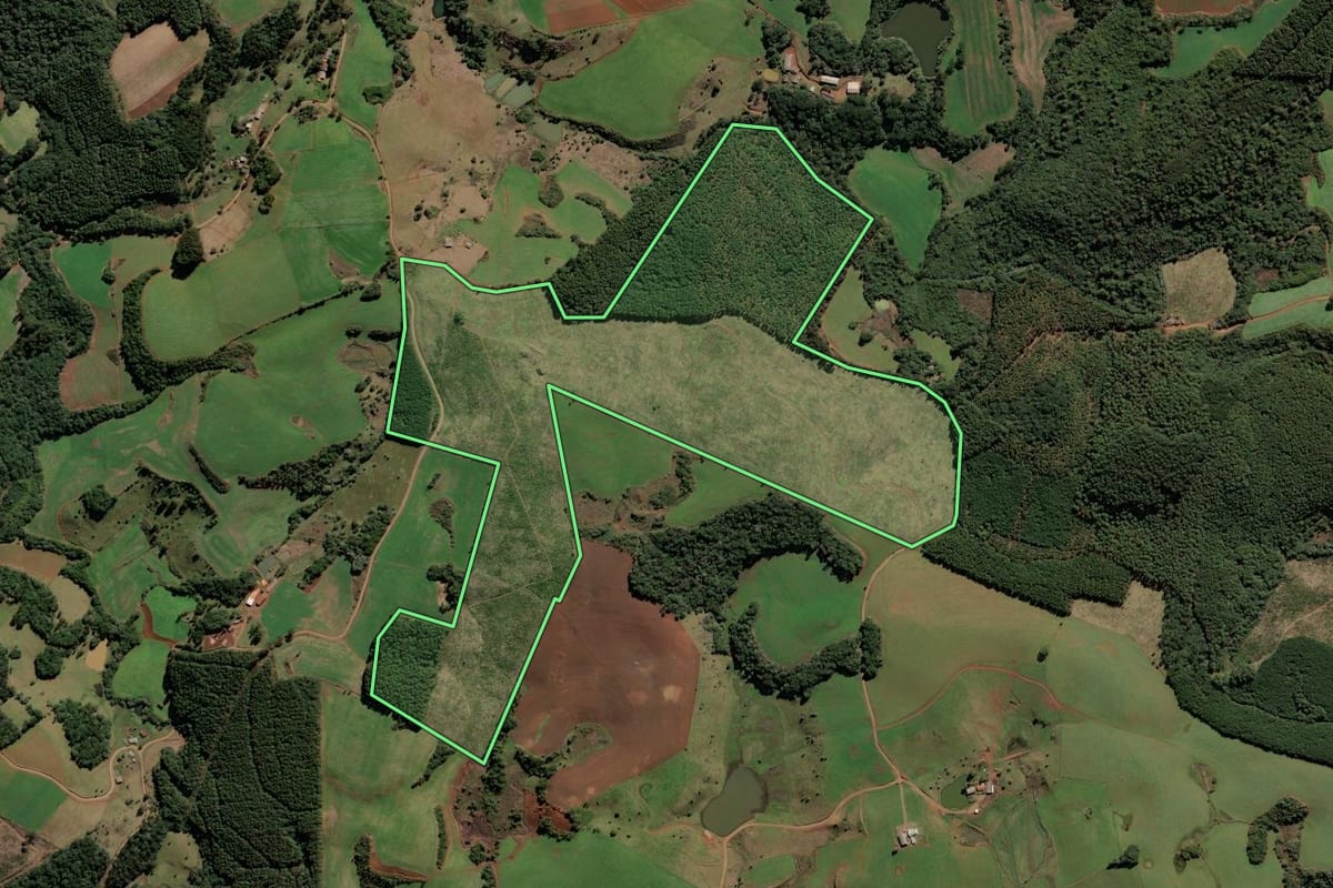 Imagem de satélite do imóvel rural em Monte Carlo (SC), com o contorno declarado no CAR desenhado por cima.