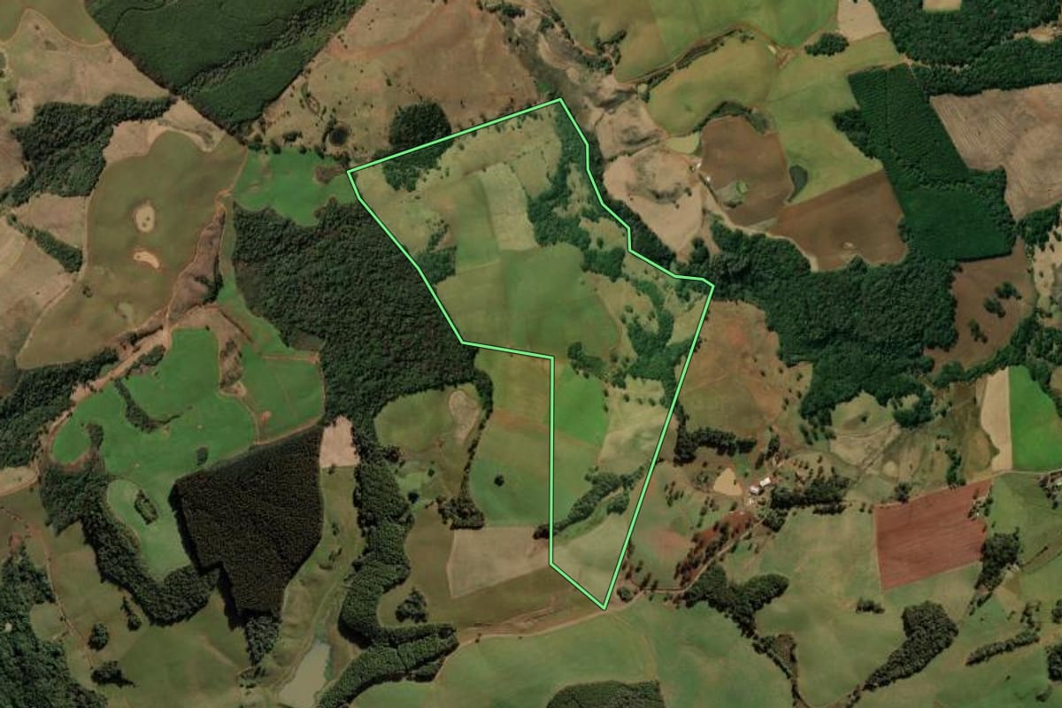 Imagem de satélite do imóvel rural em Monte Carlo (SC), com o contorno declarado no CAR desenhado por cima.