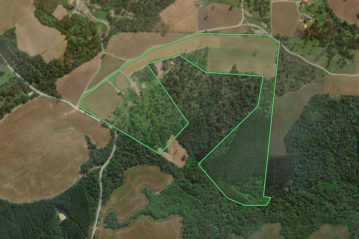 Imagem de satélite do imóvel rural em Monte Castelo (SC), com o contorno declarado no CAR desenhado por cima.