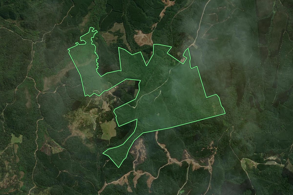Imagem de satélite do imóvel rural em Monte Castelo (SC), com o contorno declarado no CAR desenhado por cima.
