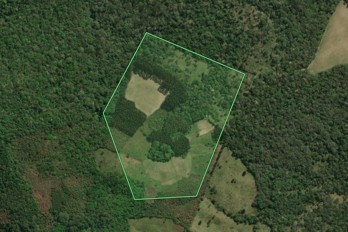 Imagem de satélite do imóvel rural em Monte Castelo (SC), com o contorno declarado no CAR desenhado por cima.