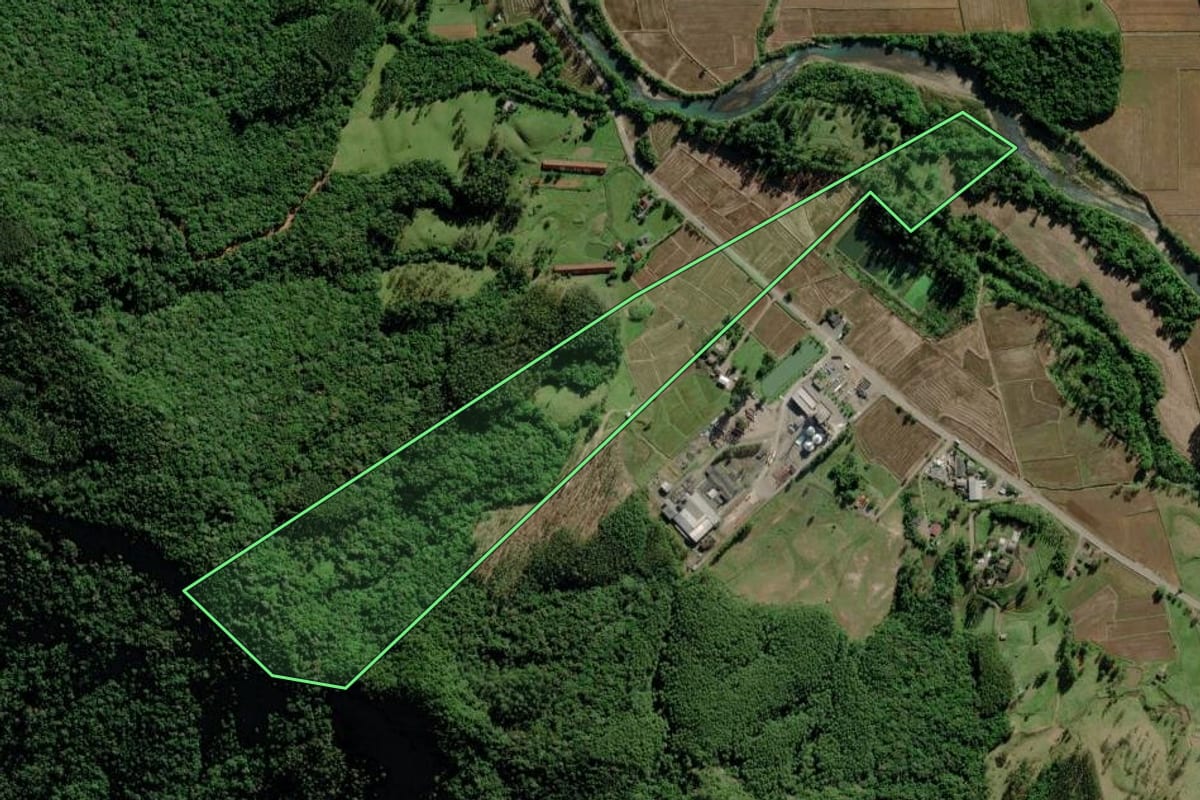 Imagem de satélite do imóvel rural em Morro Grande (SC), com o contorno declarado no CAR desenhado por cima.