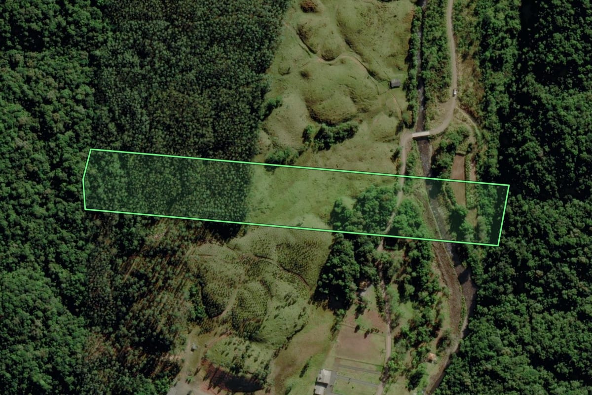 Imagem de satélite do imóvel rural em Morro Grande (SC), com o contorno declarado no CAR desenhado por cima.