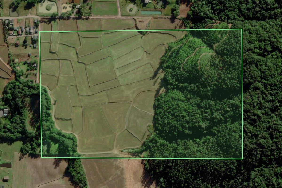 Imagem de satélite do imóvel rural em Morro Grande (SC), com o contorno declarado no CAR desenhado por cima.