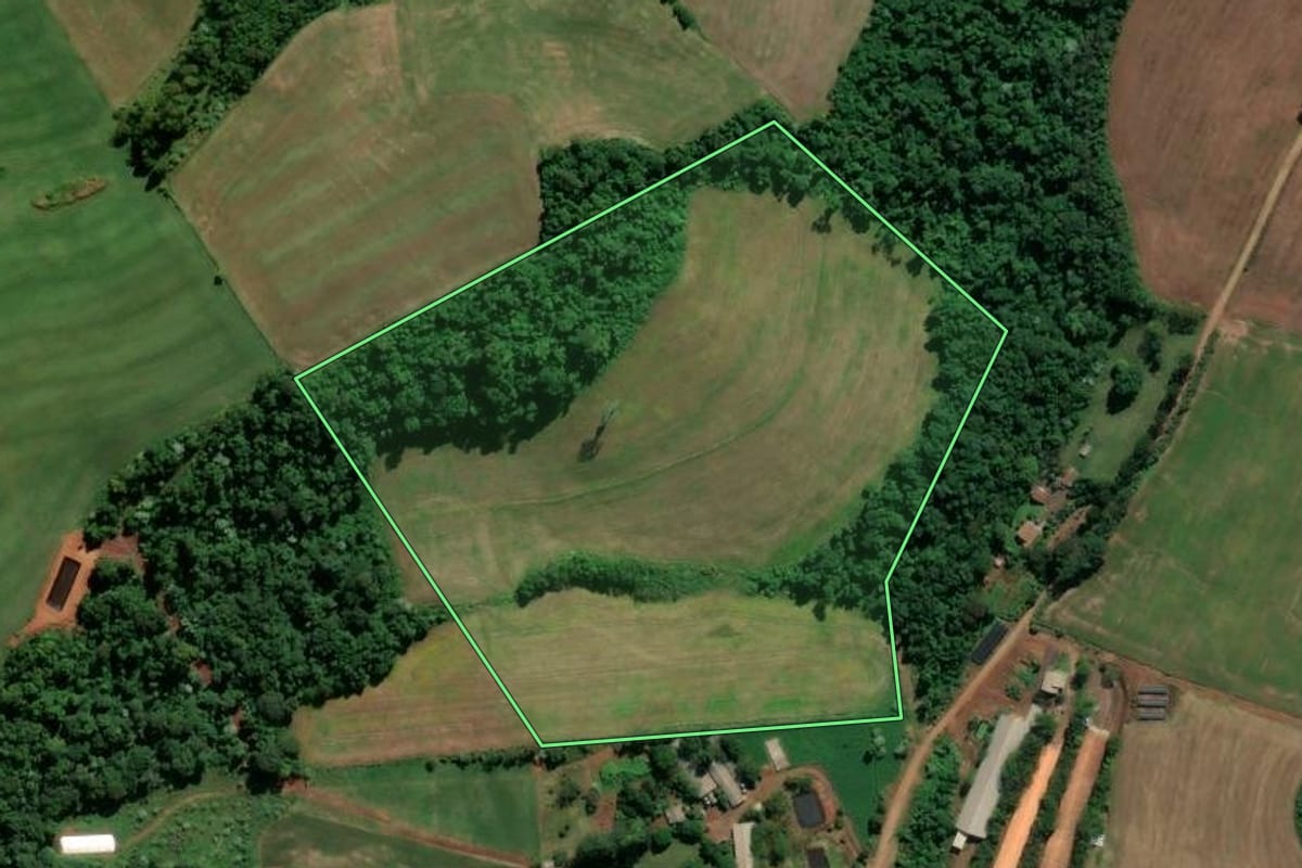 Imagem de satélite do imóvel rural em Nova Erechim (SC), com o contorno declarado no CAR desenhado por cima.