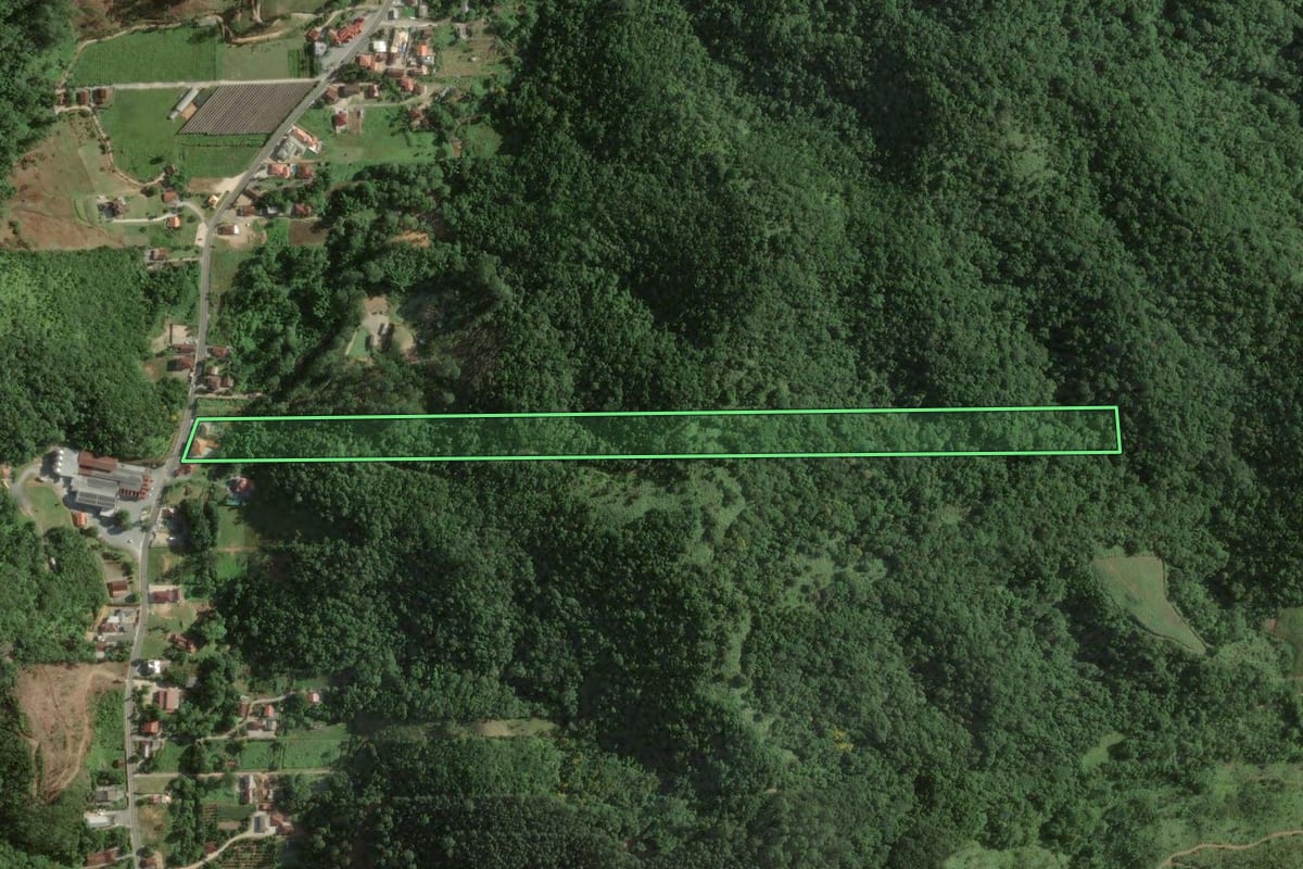 Imagem de satélite do imóvel rural em Nova Trento (SC), com o contorno declarado no CAR desenhado por cima.