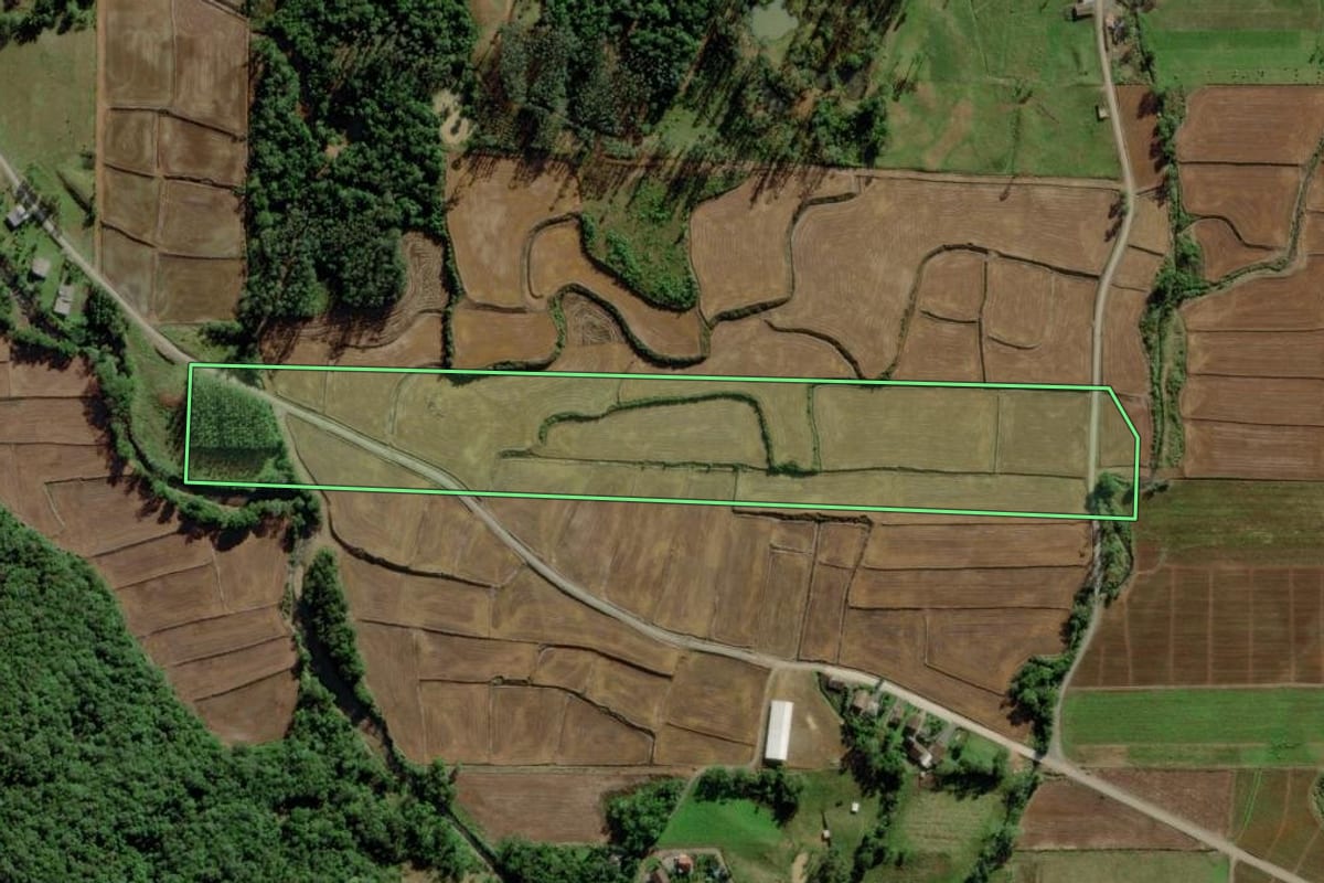 Imagem de satélite do imóvel rural em Nova Veneza (SC), com o contorno declarado no CAR desenhado por cima.