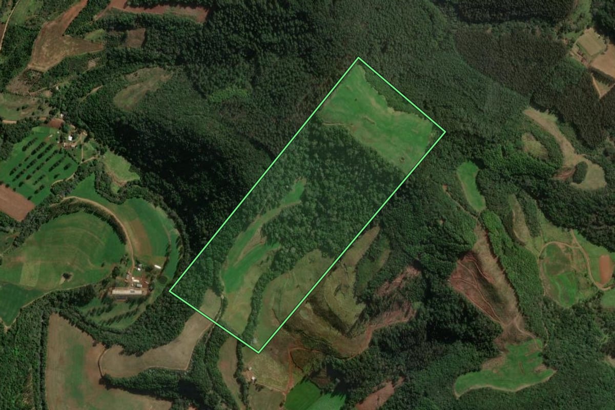 Imagem de satélite do imóvel rural em Novo Horizonte (SC), com o contorno declarado no CAR desenhado por cima.