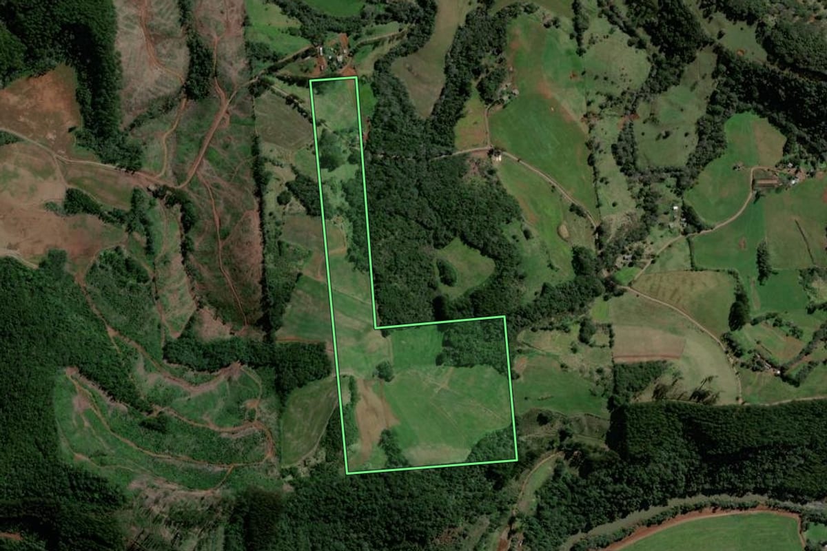 Imagem de satélite do imóvel rural em Novo Horizonte (SC), com o contorno declarado no CAR desenhado por cima.