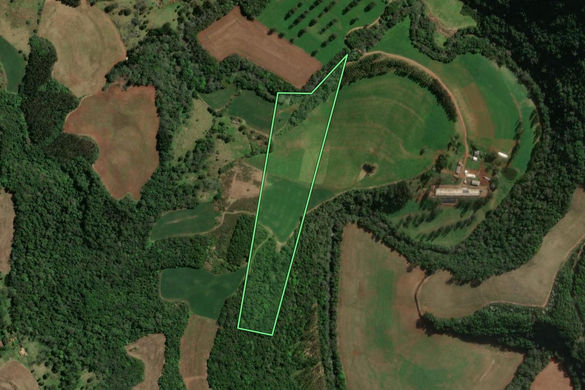 Imagem de satélite do imóvel rural em Novo Horizonte (SC), com o contorno declarado no CAR desenhado por cima.