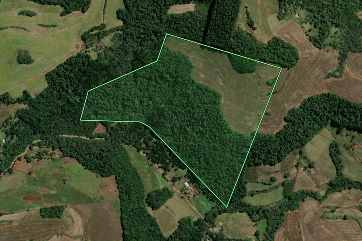 Imagem de satélite do imóvel rural em Novo Horizonte (SC), com o contorno declarado no CAR desenhado por cima.