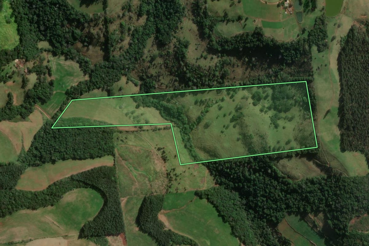 Imagem de satélite do imóvel rural em Novo Horizonte (SC), com o contorno declarado no CAR desenhado por cima.