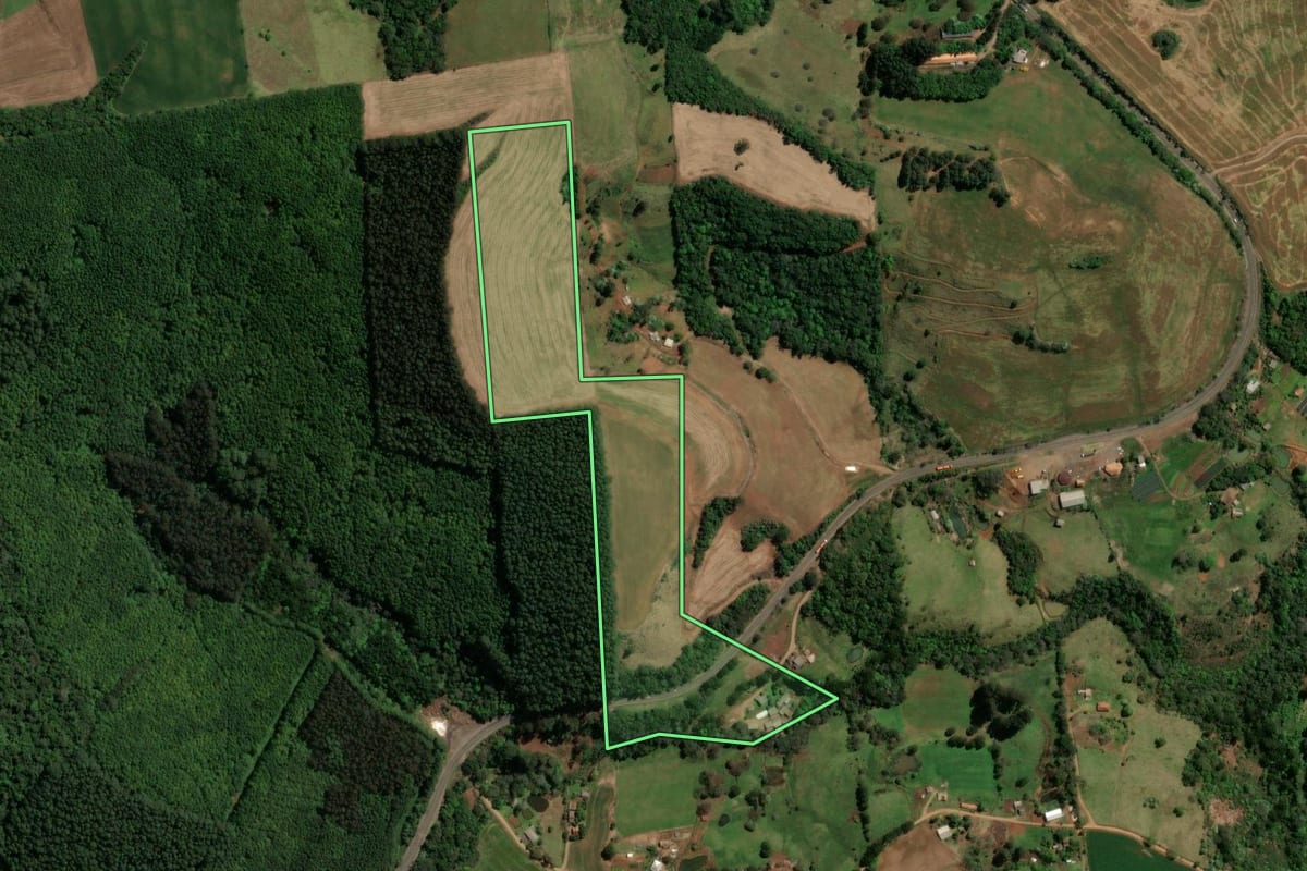 Imagem de satélite do imóvel rural em Novo Horizonte (SC), com o contorno declarado no CAR desenhado por cima.