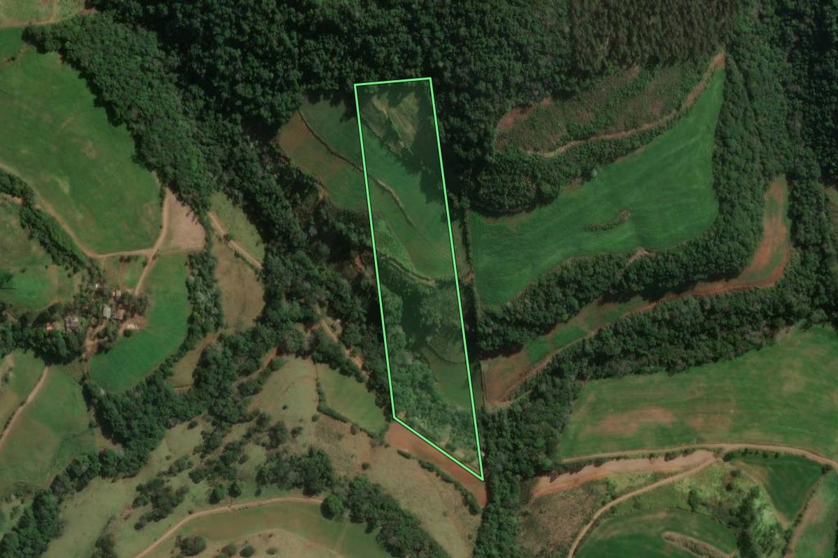 Imagem de satélite do imóvel rural em Novo Horizonte (SC), com o contorno declarado no CAR desenhado por cima.