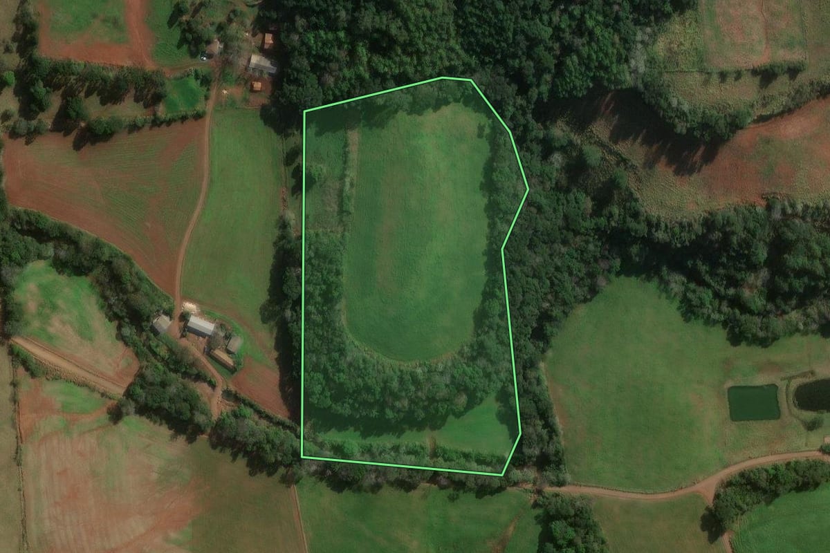 Imagem de satélite do imóvel rural em Novo Horizonte (SC), com o contorno declarado no CAR desenhado por cima.