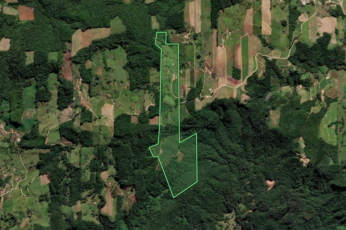 Imagem de satélite do imóvel rural em Orleans (SC), com o contorno declarado no CAR desenhado por cima.