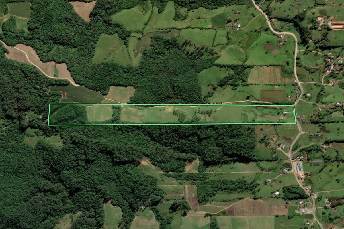 Imagem de satélite do imóvel rural em Orleans (SC), com o contorno declarado no CAR desenhado por cima.