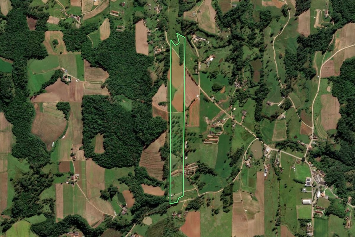 Imagem de satélite do imóvel rural em Orleans (SC), com o contorno declarado no CAR desenhado por cima.