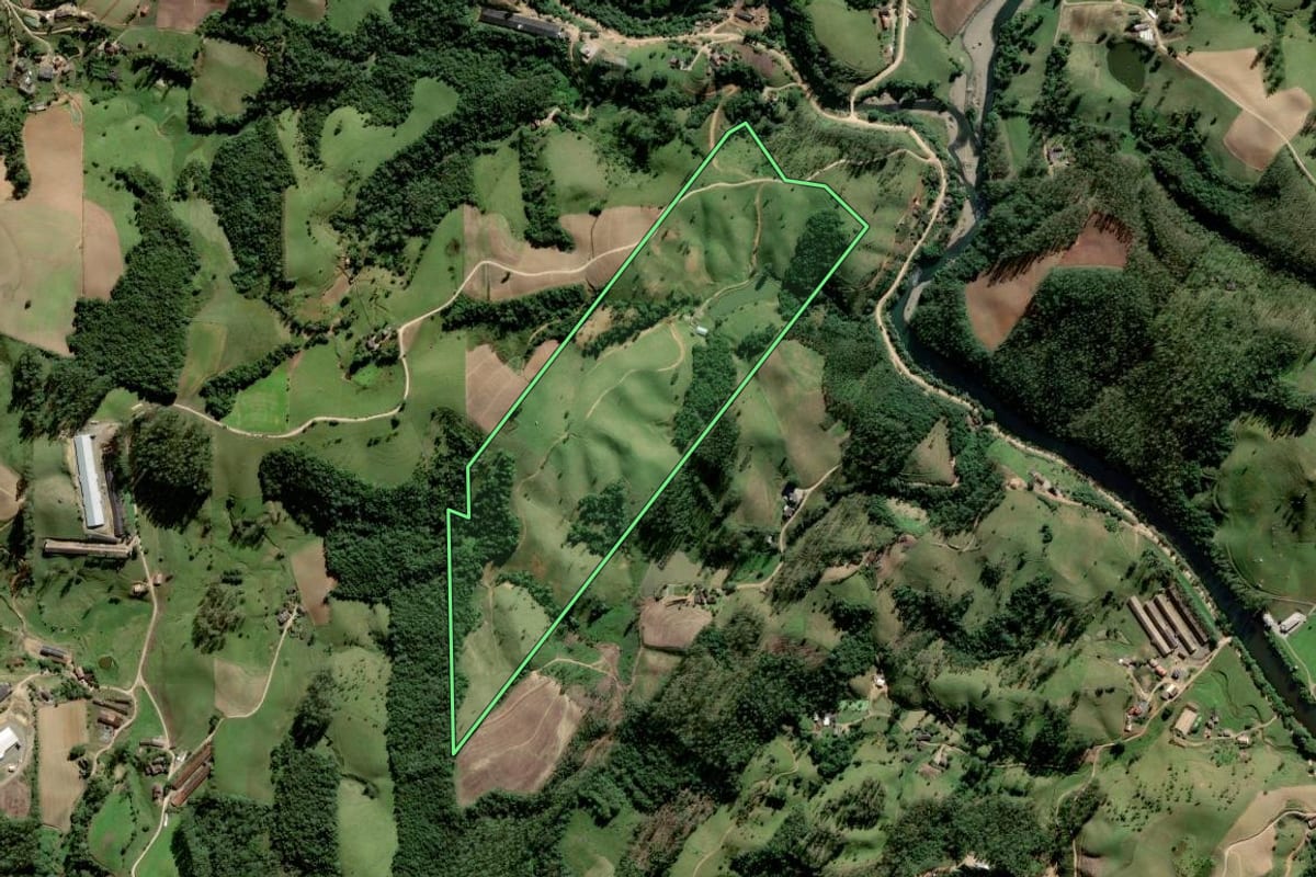 Imagem de satélite do imóvel rural em Orleans (SC), com o contorno declarado no CAR desenhado por cima.